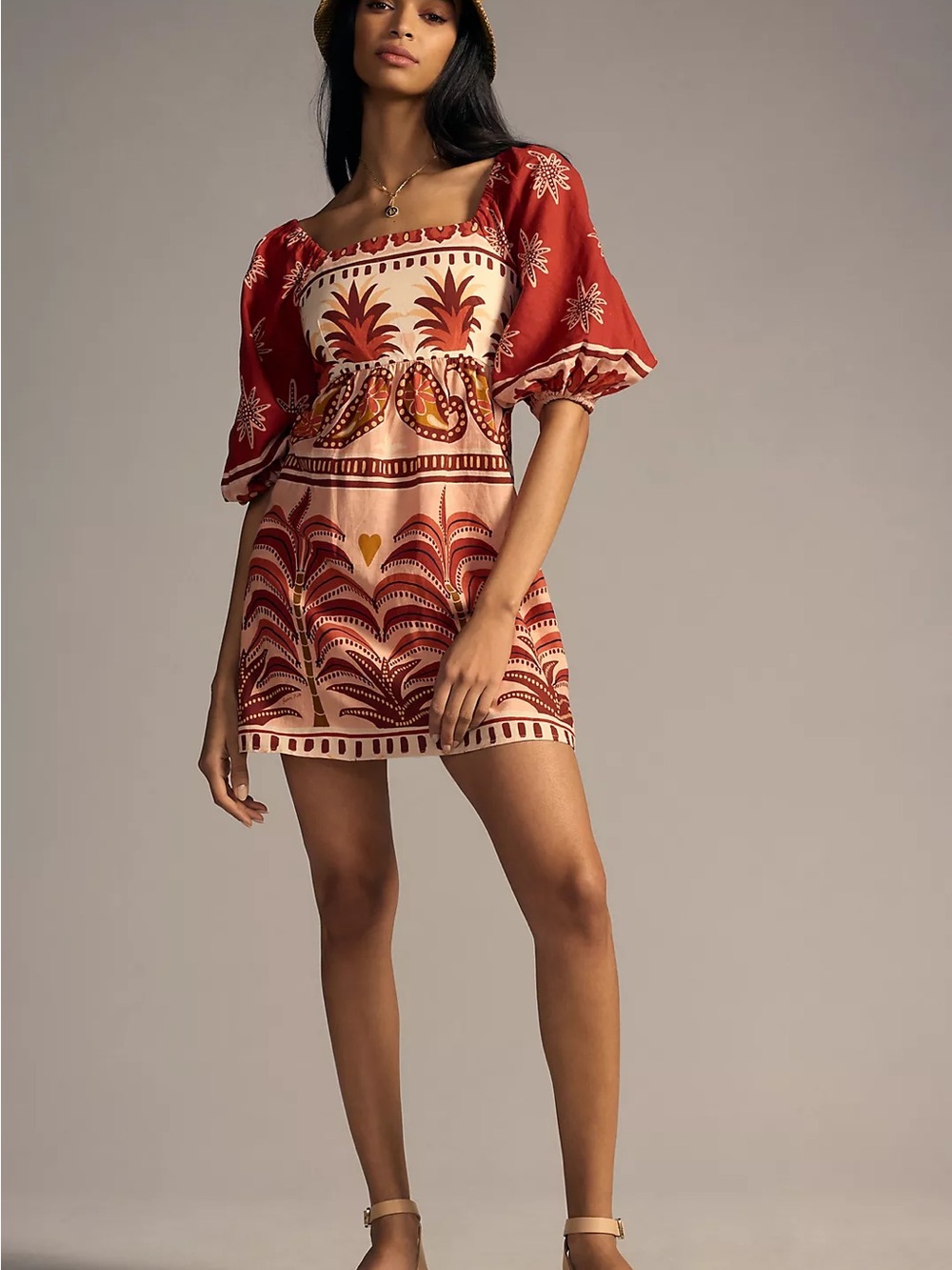 Boho Print Square-Neck Mini Dress in Rust and Cream